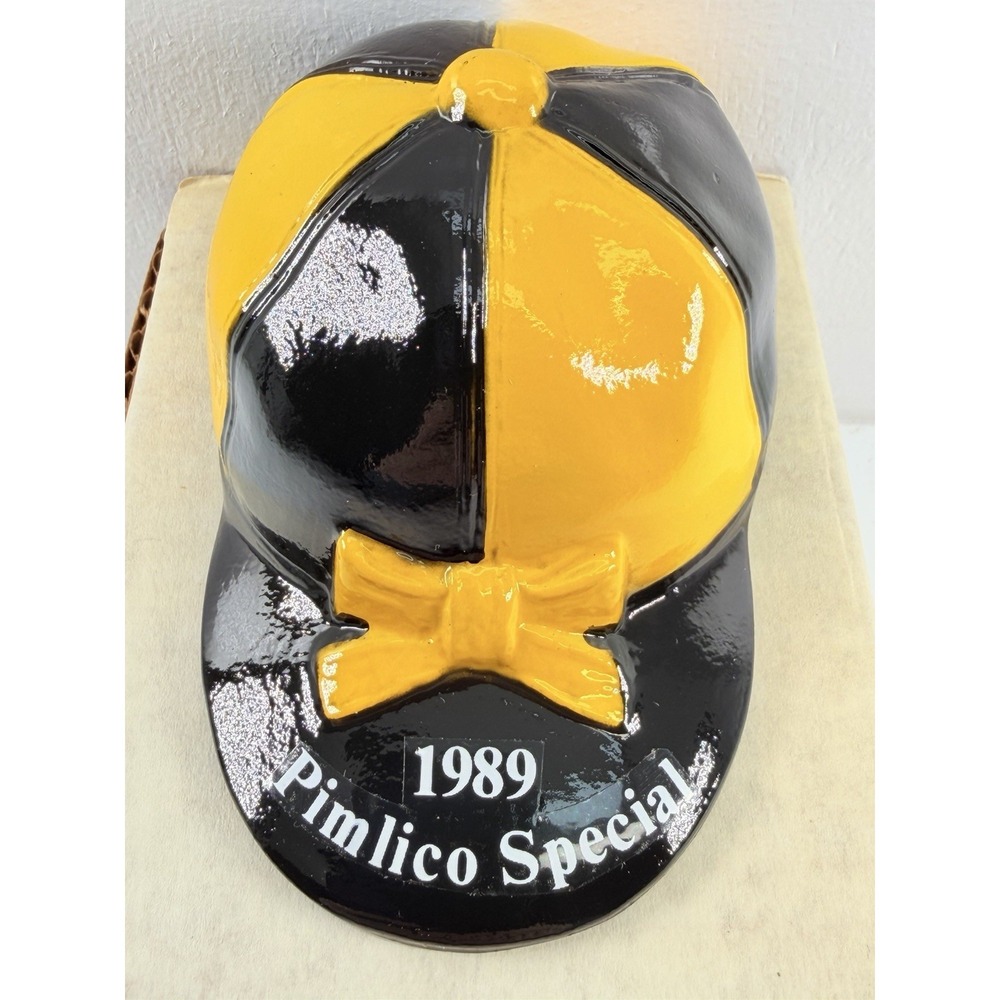 VTG Pimlico Special Jockey Cap Bottle Opener '89 Yellow Black Horse Racing Metal